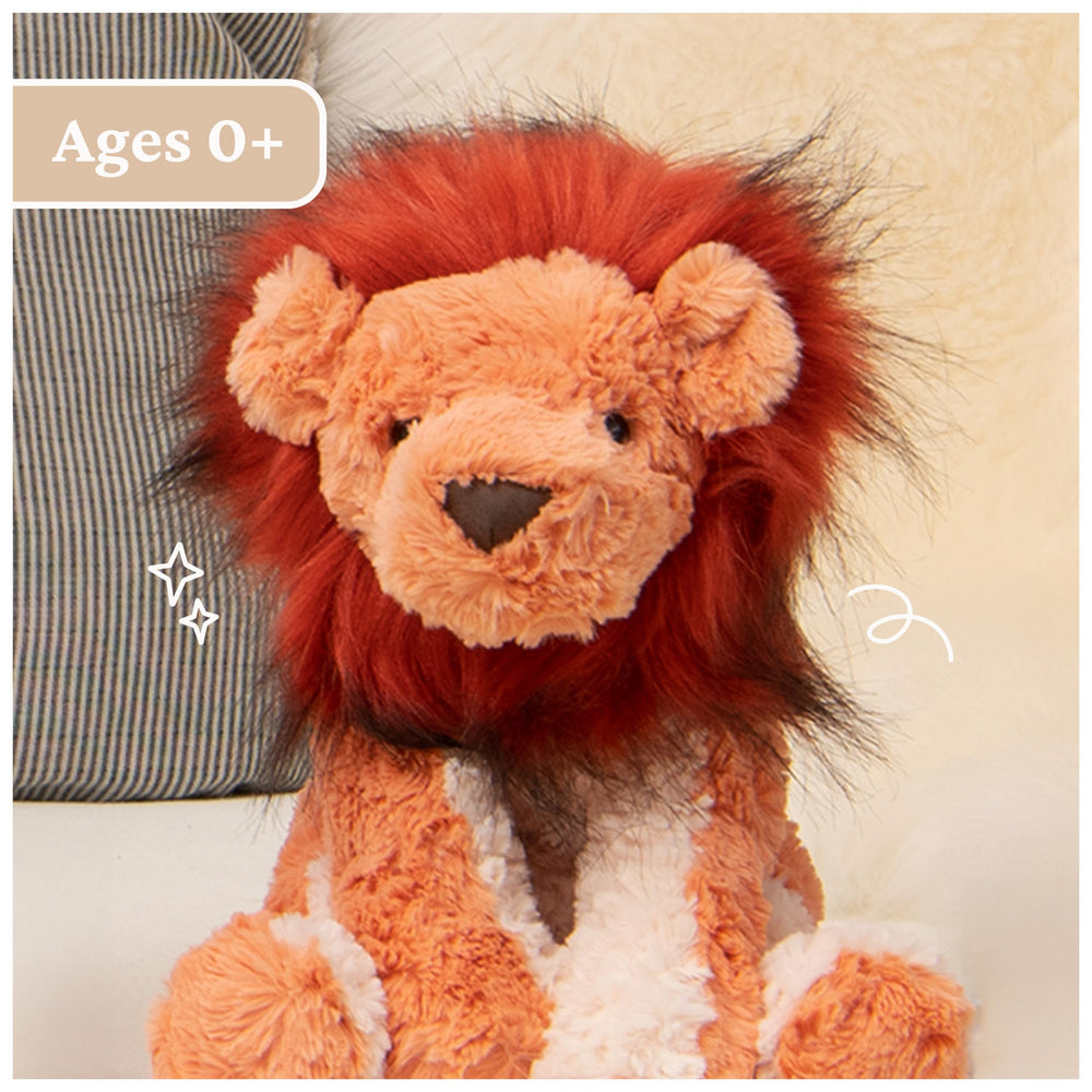 GUND Cozys Lion with orange fur and red mane for cuddle appeal.