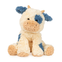 GUND Cozys Cow plush in cream fur with navy spots, ideal for comforting bedtime moments.