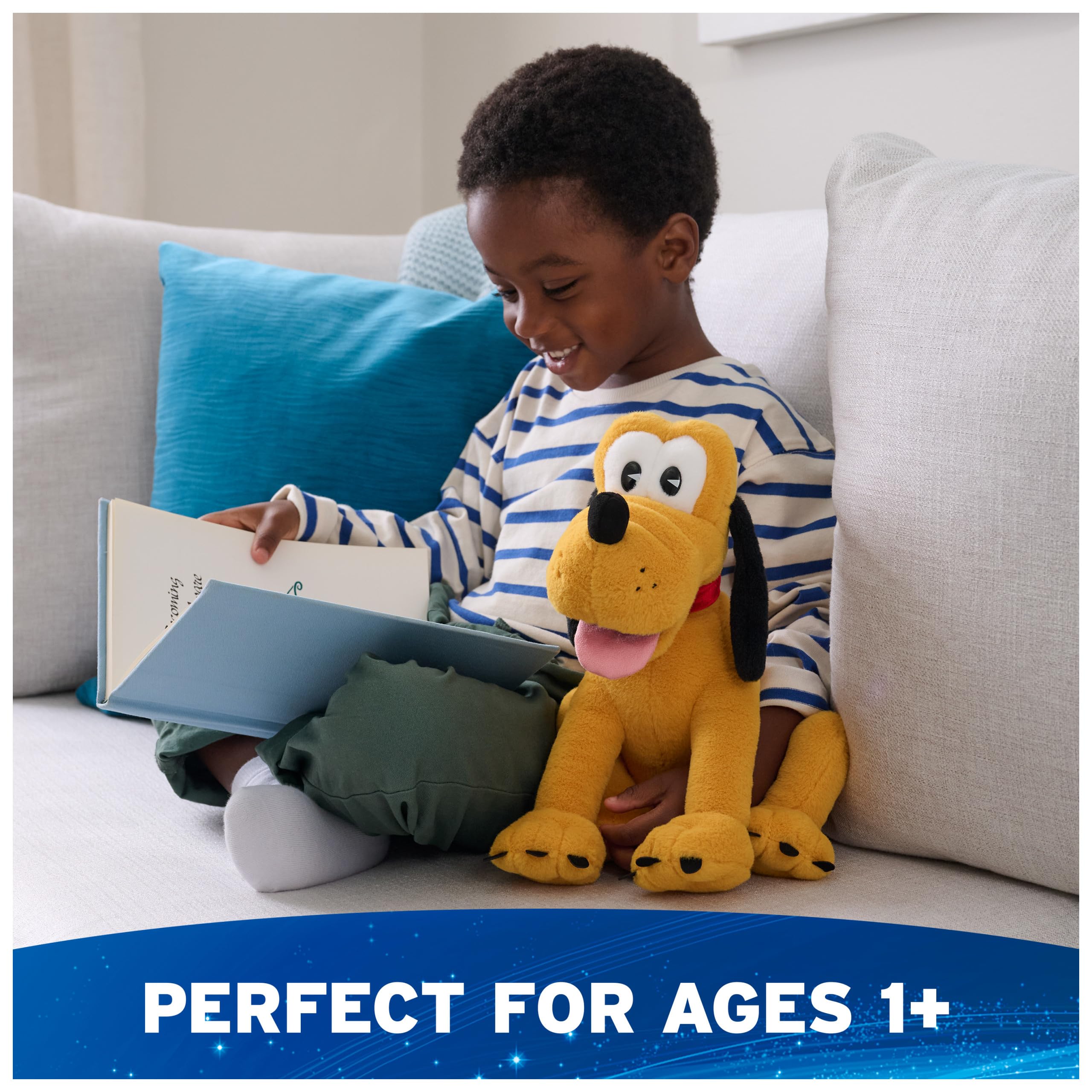 Pluto faux suede nose enhances tactile interest during snuggle time.