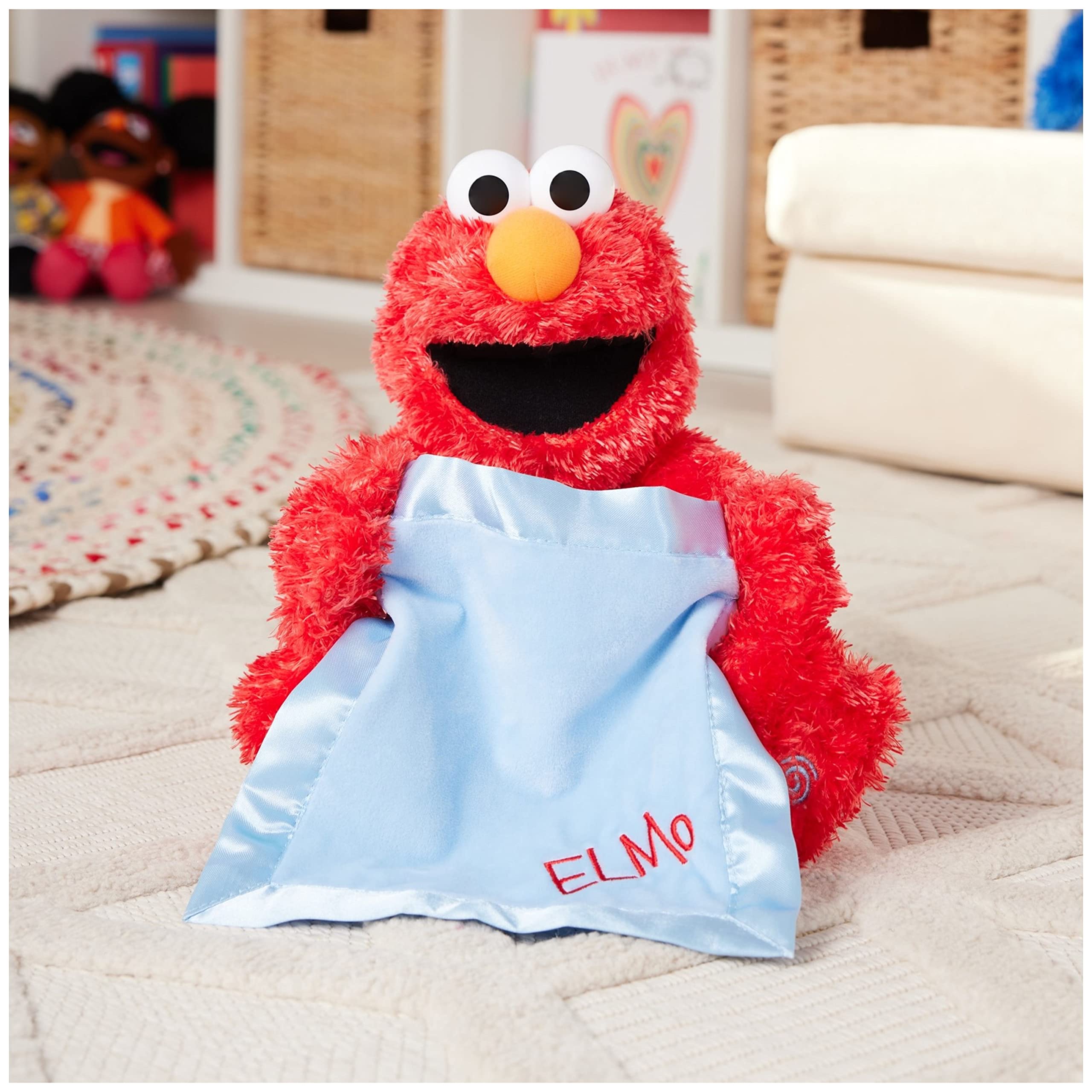 GUND Elmo blue satin blanket detail, adds visual charm during soft, comforting play