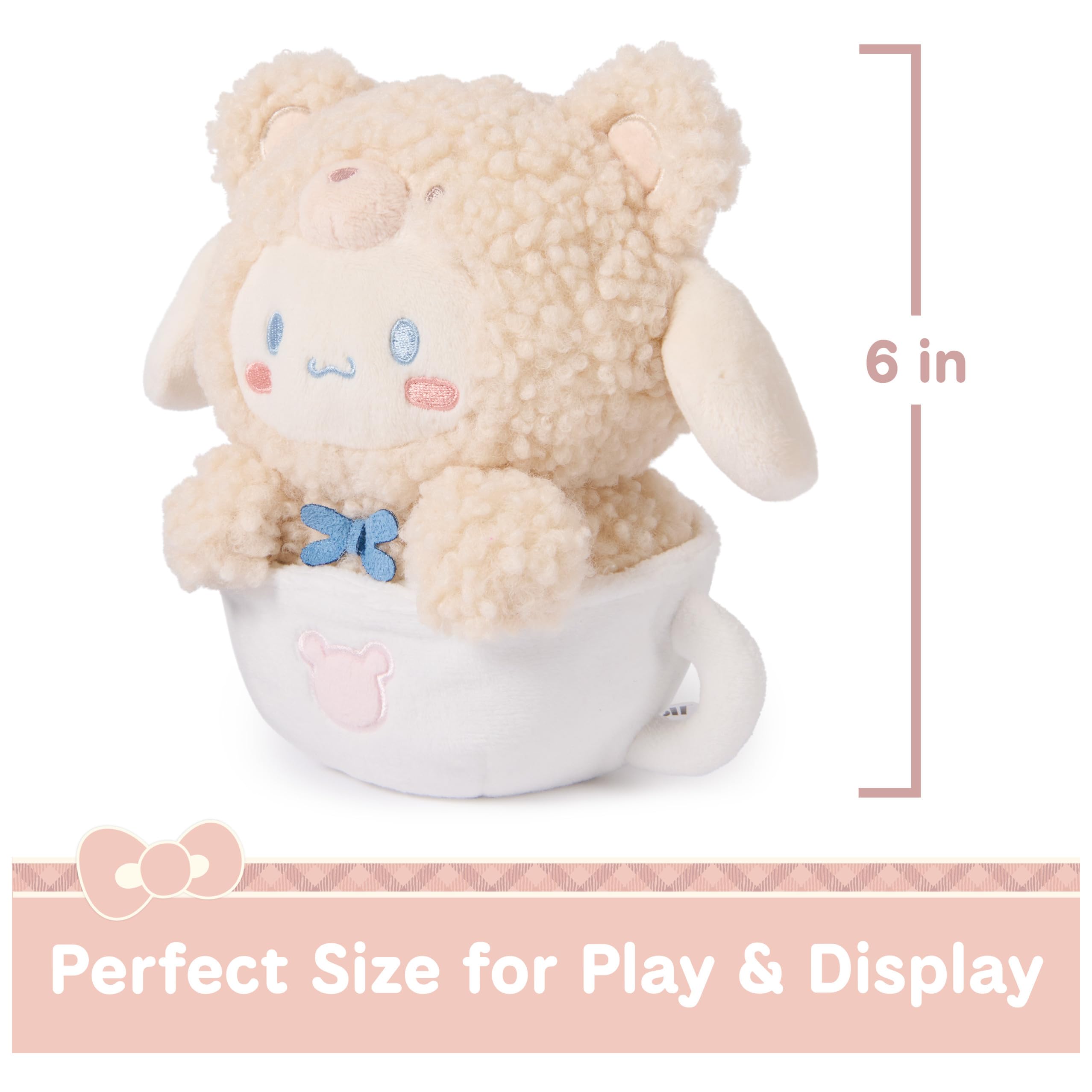 GUND Café Latte bear wears blue faux suede bowtie for charm.