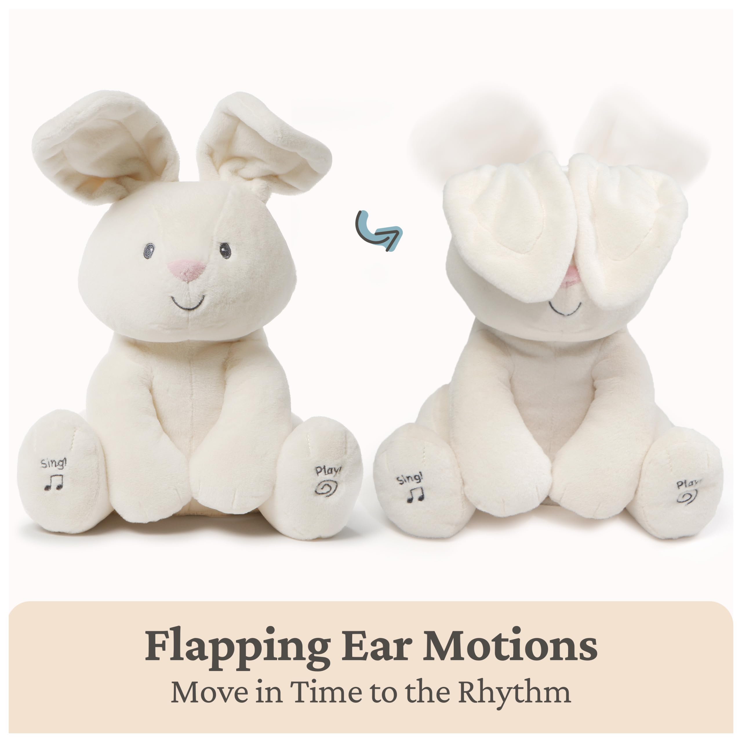 GUND Flora Bunny left-foot peekaboo mode engages baby in interactive play.