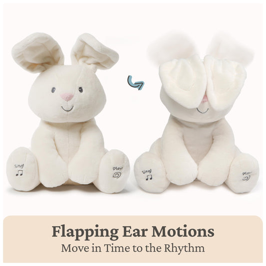 GUND Flora Bunny left-foot peekaboo mode engages baby in interactive play.