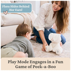 GUND Flora Bunny right-foot sing-along mode with ears flapping to rhythm.