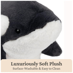 GUND Flynn Orca Plush close-up face to highlight soft features.