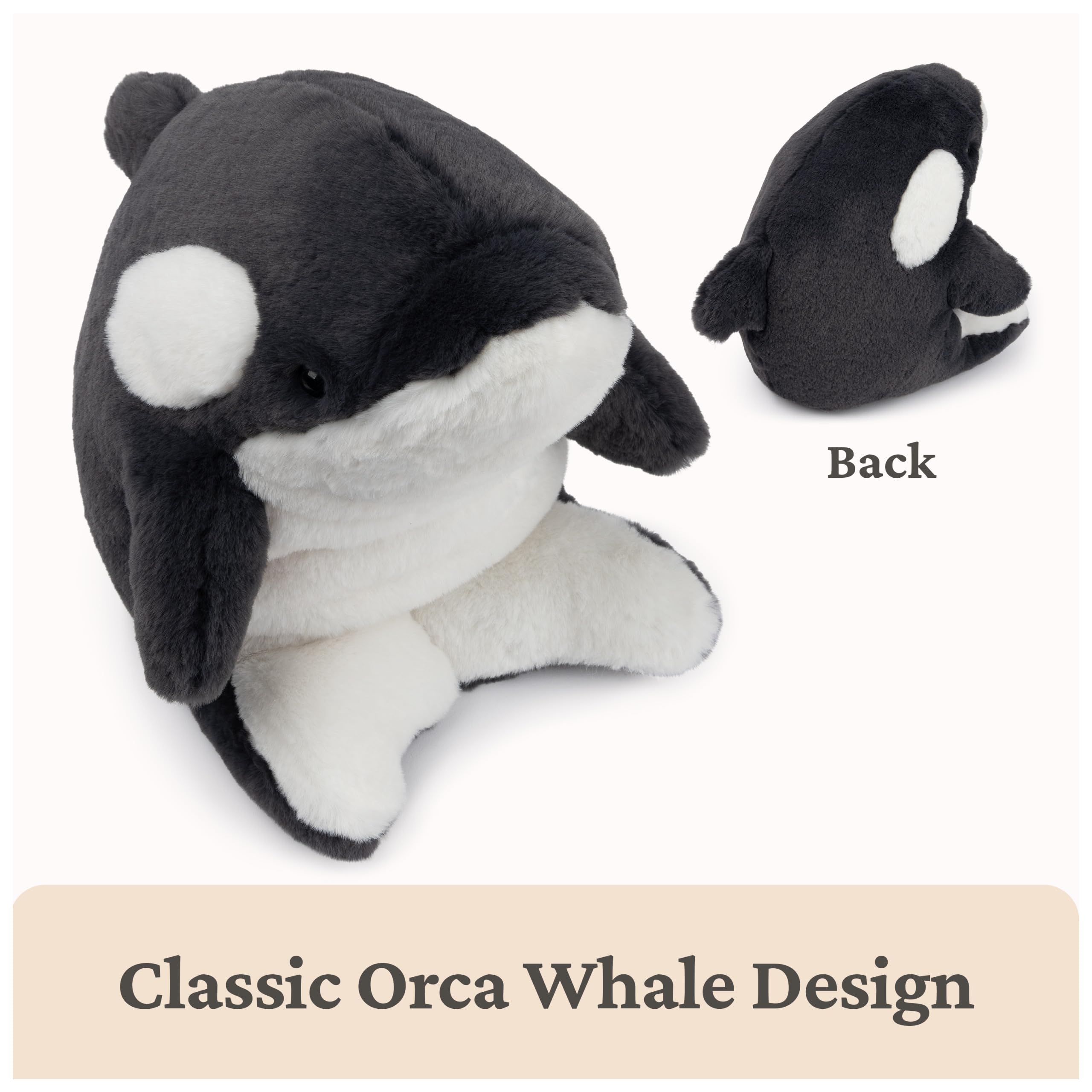 GUND Flynn Orca Plush sits upright for easy snuggling.