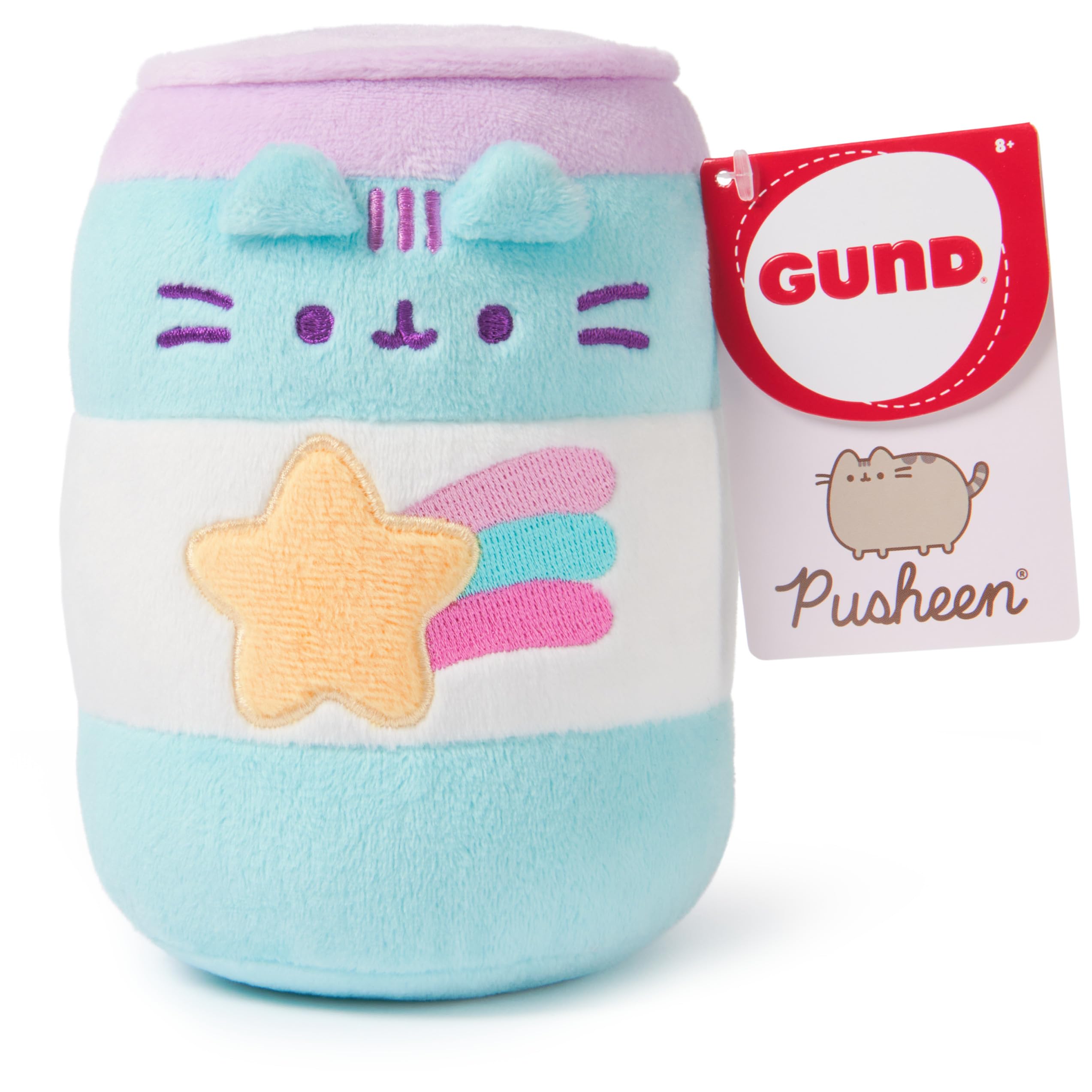 GUND Pusheen Gamer Pop Sip plush side view, blue-and-purple tail suggests dynamic display