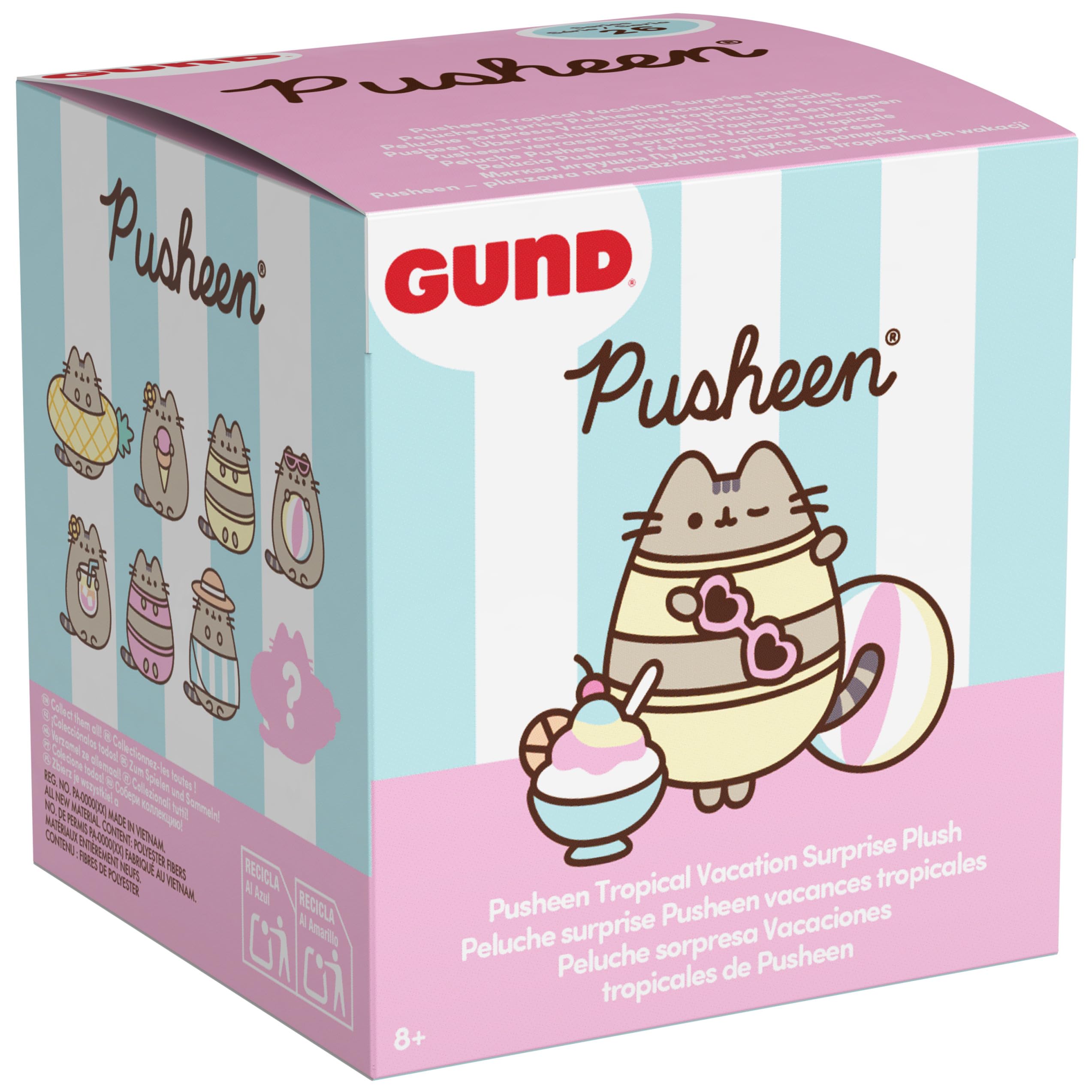 GUND Pusheen arranged in a collector display shelf showcasing set completion