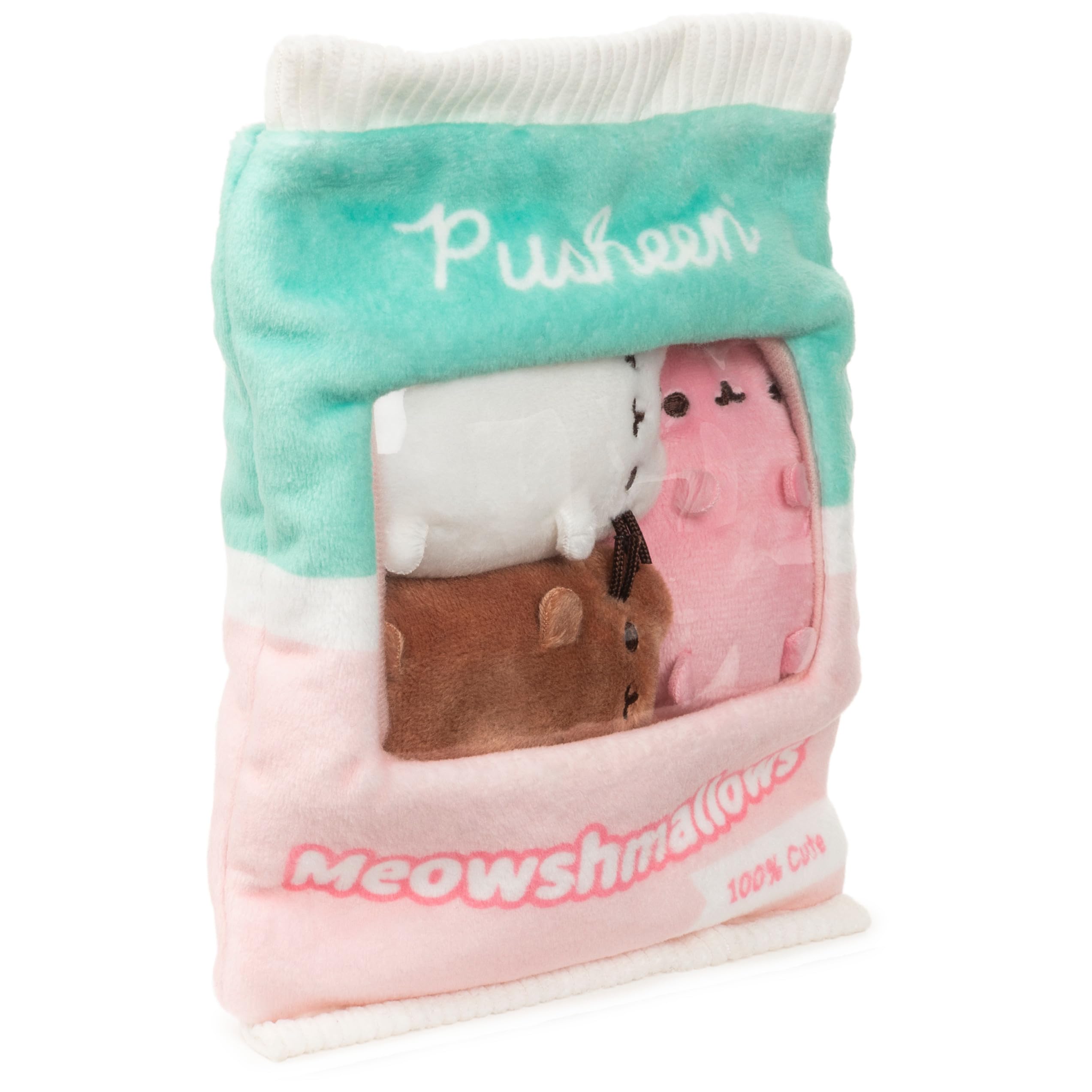 Pastel pink and green bag enhances desk or shelf decor.