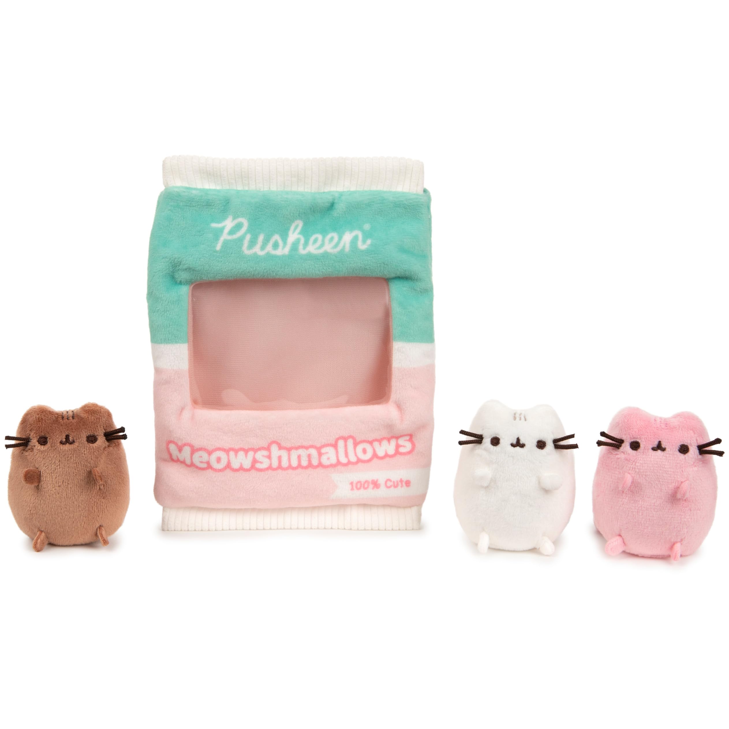 GUND Pusheen Meowshmallows plush bag with viewing window for display.