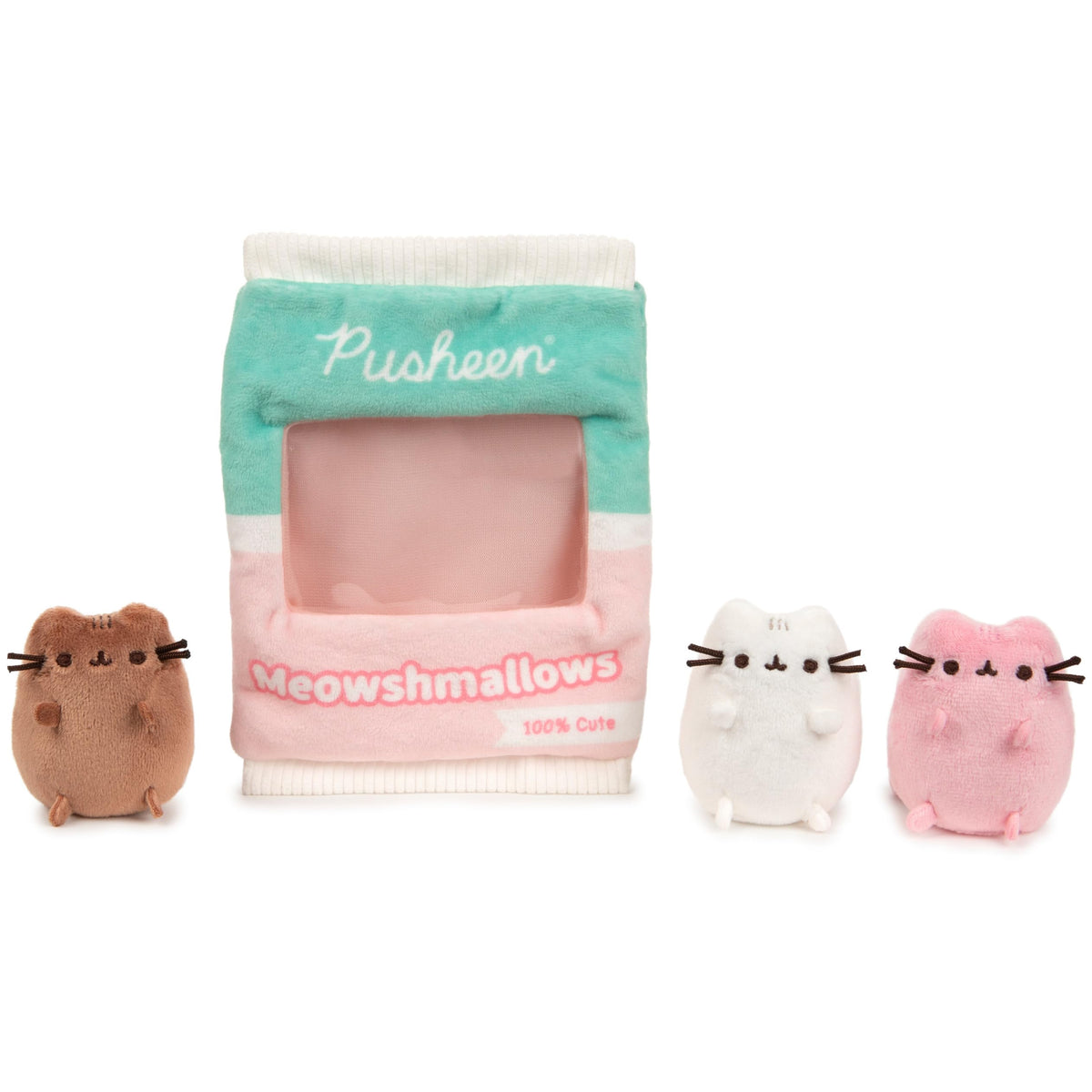GUND Pusheen Meowshmallows plush bag with viewing window for display.