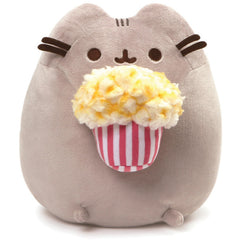GUND Pusheen Snackables popcorn cat plush in gray, ideal for cozy movie nights.