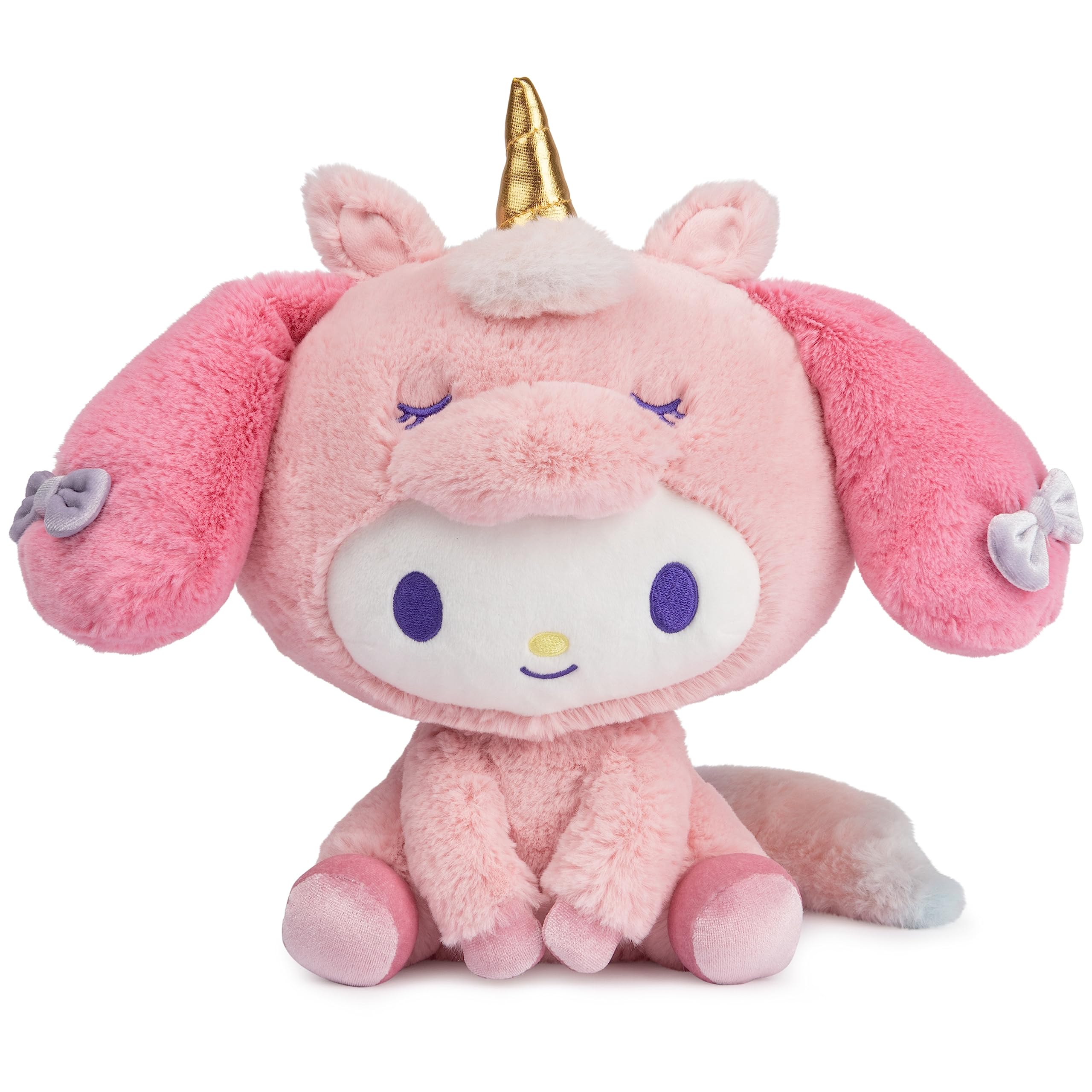 GUND Sanrio My Melody Unicorn Plush front view, inviting cuddles with soft pink fur.