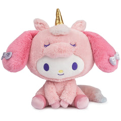 GUND Sanrio My Melody Unicorn Plush front view, inviting cuddles with soft pink fur.