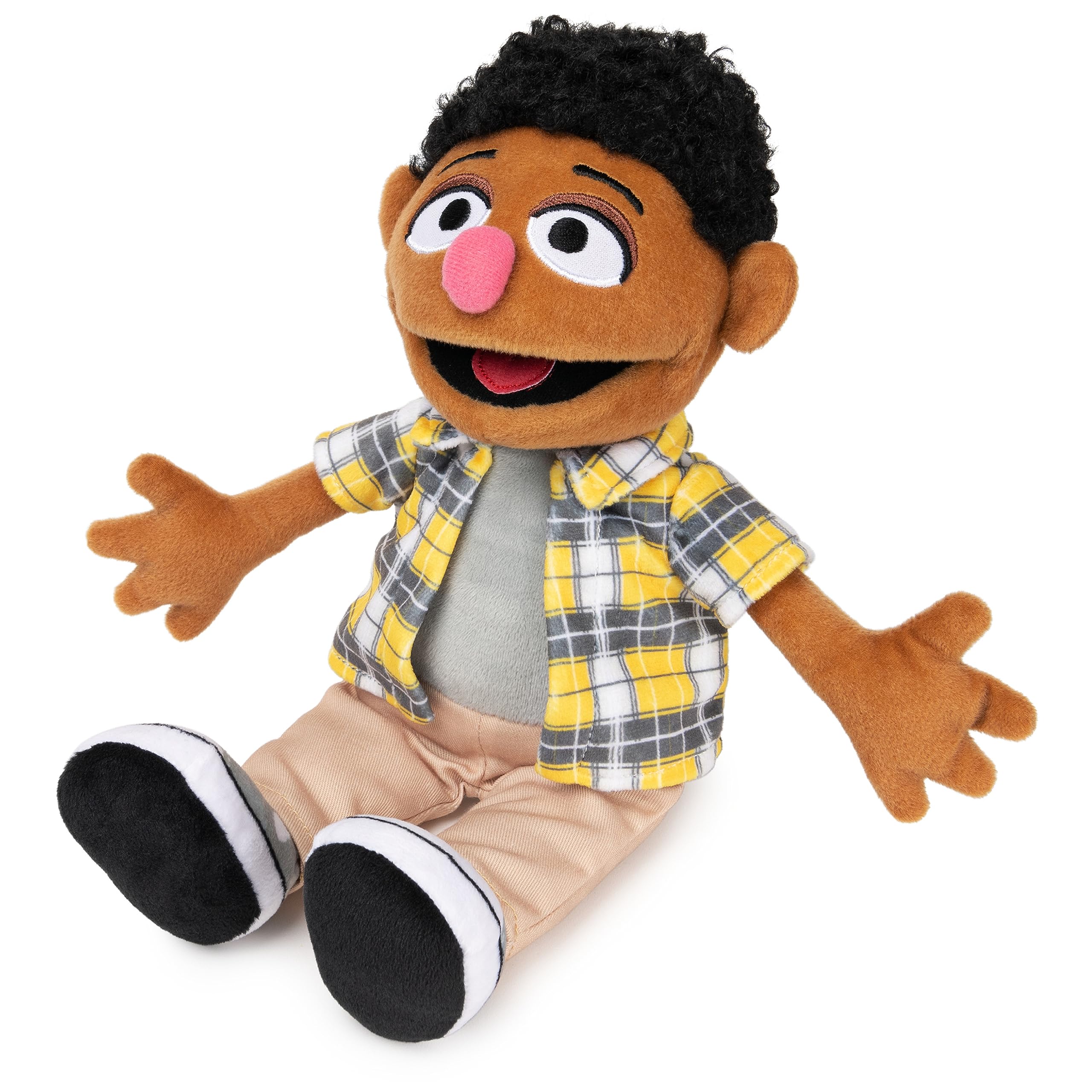 GUND Sesame Street Tamir plush wearing khaki pants for authentic character visuals.