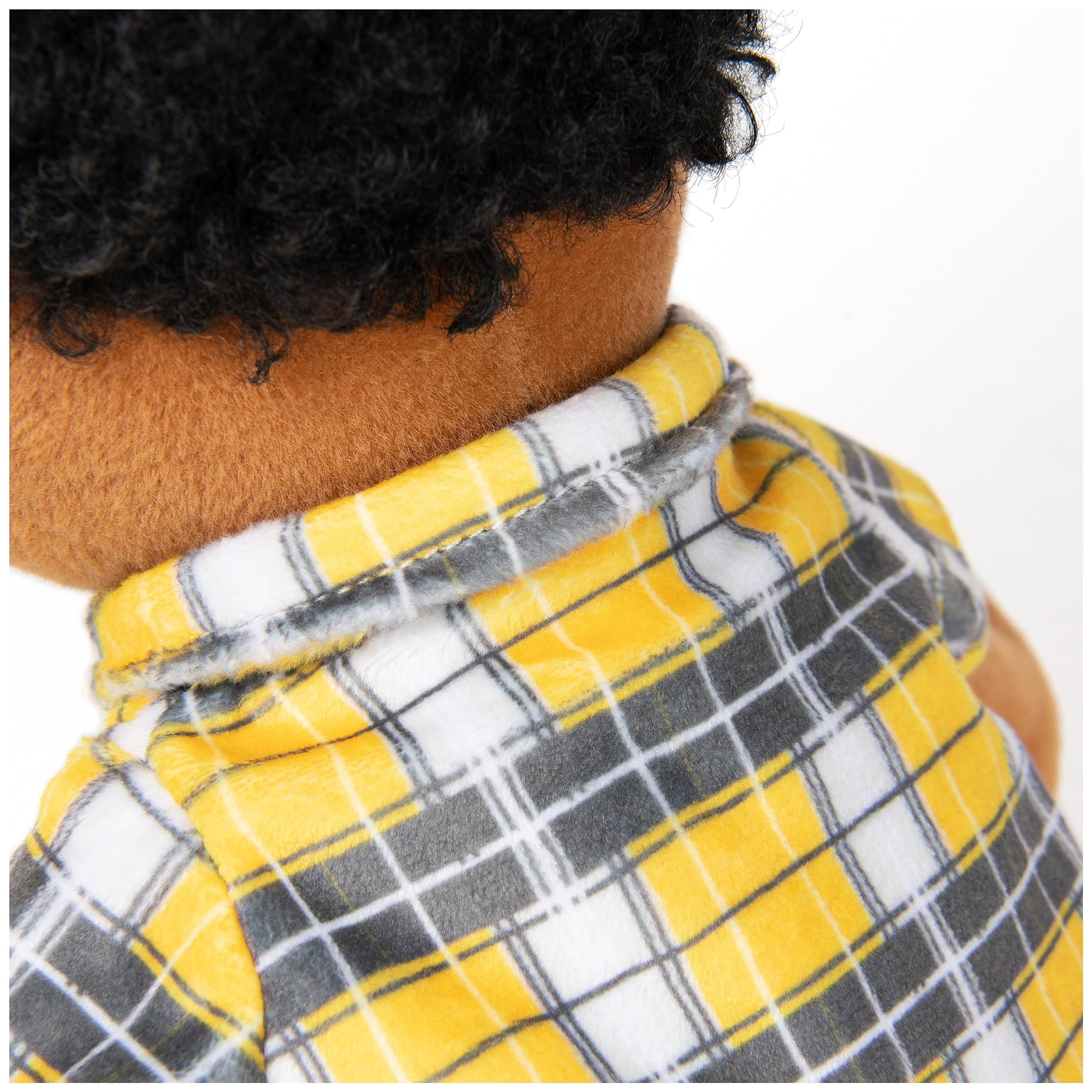 GUND Sesame Street Tamir plush yellow-and-gray plaid shirt boosts colorful playtime visuals.