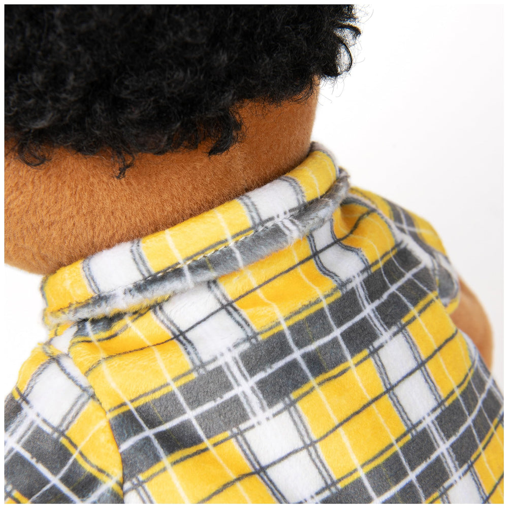 GUND Sesame Street Tamir plush yellow-and-gray plaid shirt boosts colorful playtime visuals.