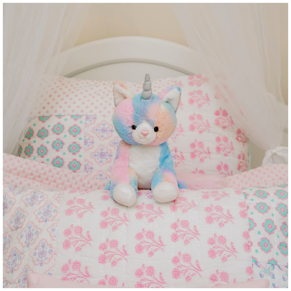 GUND Shimmer Caticorn full body view showing pastel rainbow fur for cuddly companionship.