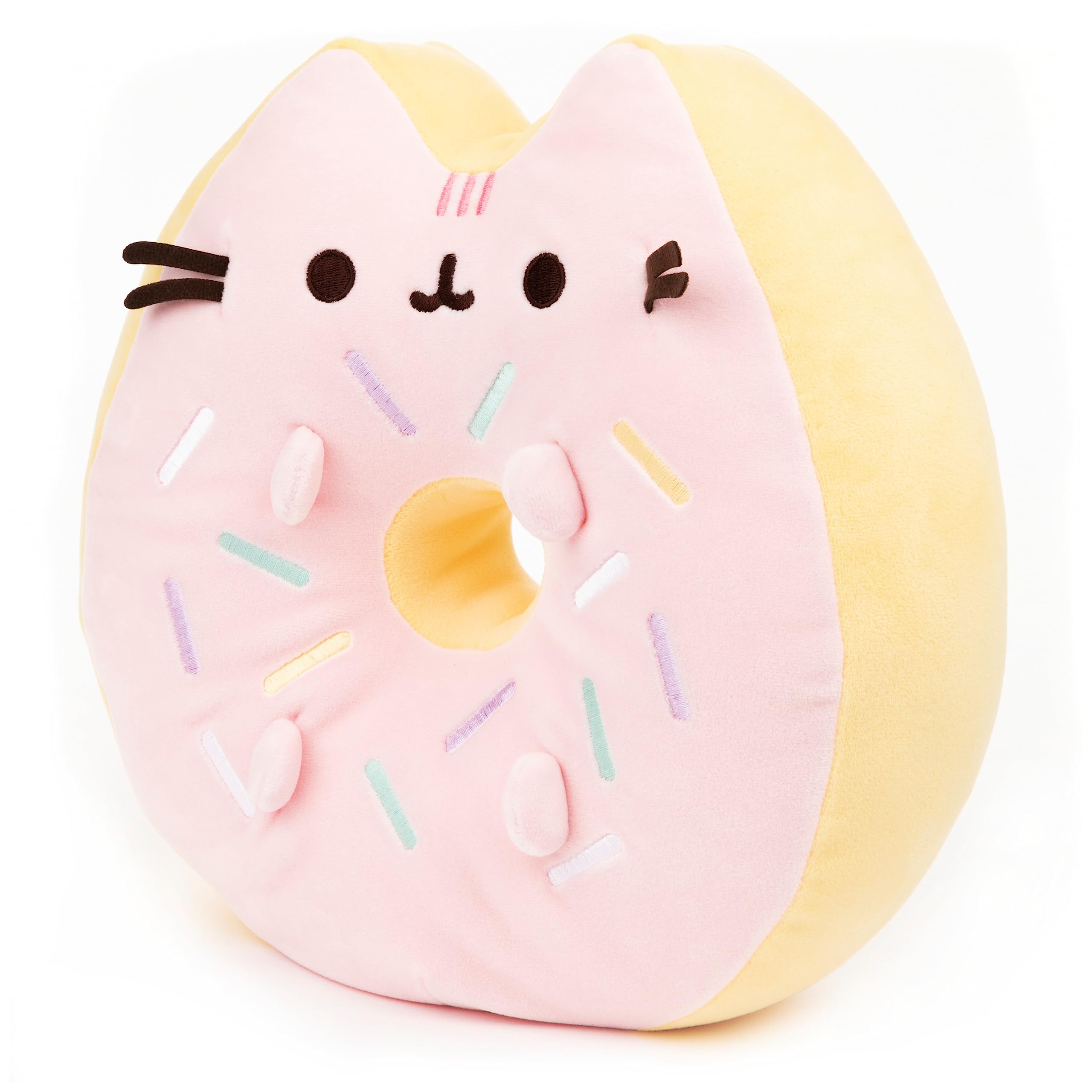 GUND Pusheen donut plush side view, pastel sprinkles add whimsy to playtime.