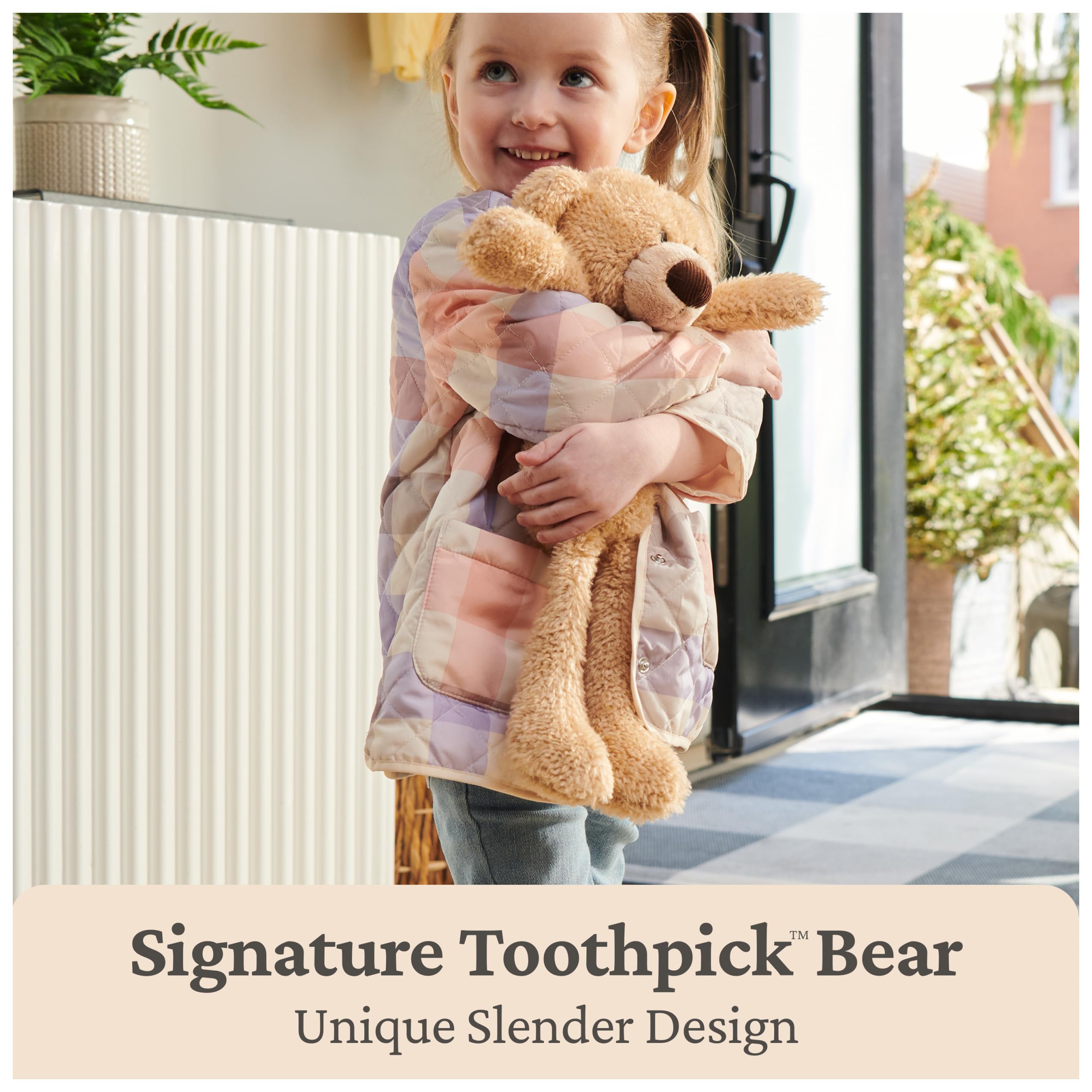 GUND Toothpick 15” Teddy Bear side view, slender silhouette for cozy display.
