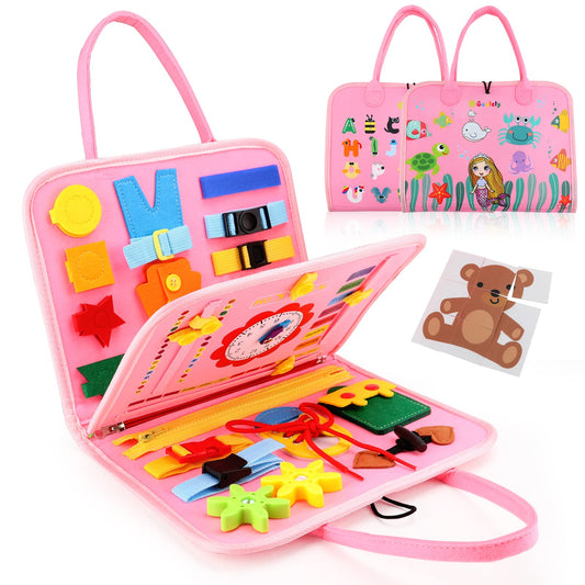 Guolely Busy Board mermaid design helps develop fine motor skills through imaginative play.