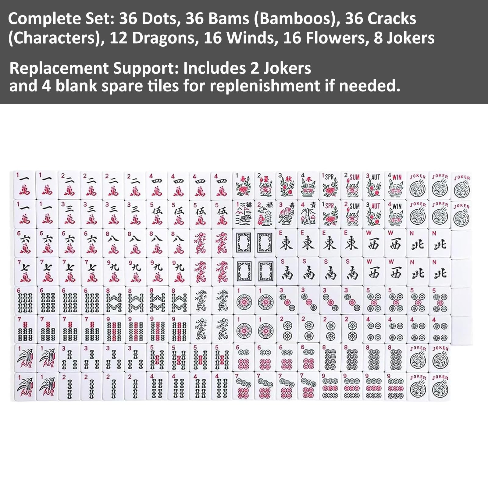 GUSTARIA 166-tile set including dots, bams, cracks, dragons, winds, flowers, and jokers.