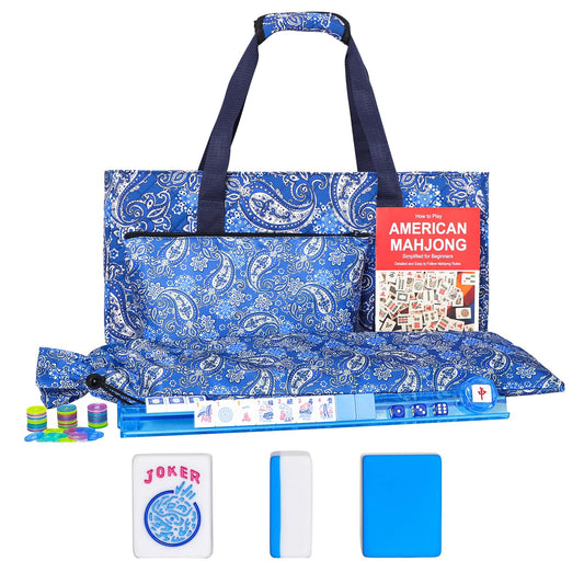 GUSTARIA American Mahjong tiles in blue highlight melamine durability for lasting gameplay.