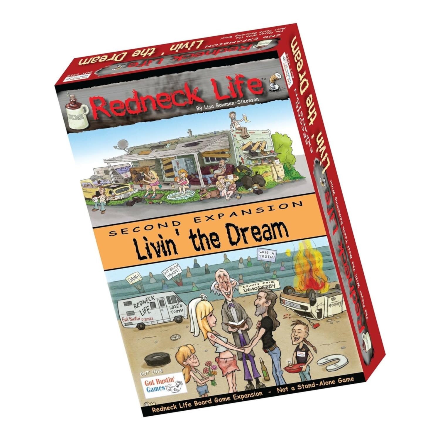 Gut Bustin' Games Livin' the Dream expansion rig sleeve and center name placard organize setup.