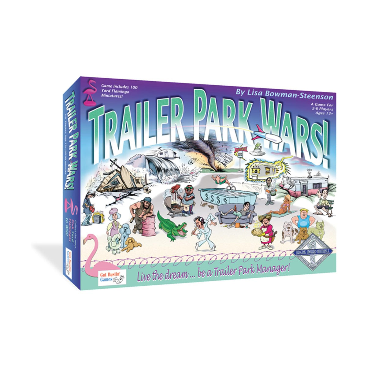Gut Bustin' Games Trailer Park Wars box art with 100 pink flamingo miniatures, ideal for family game nights