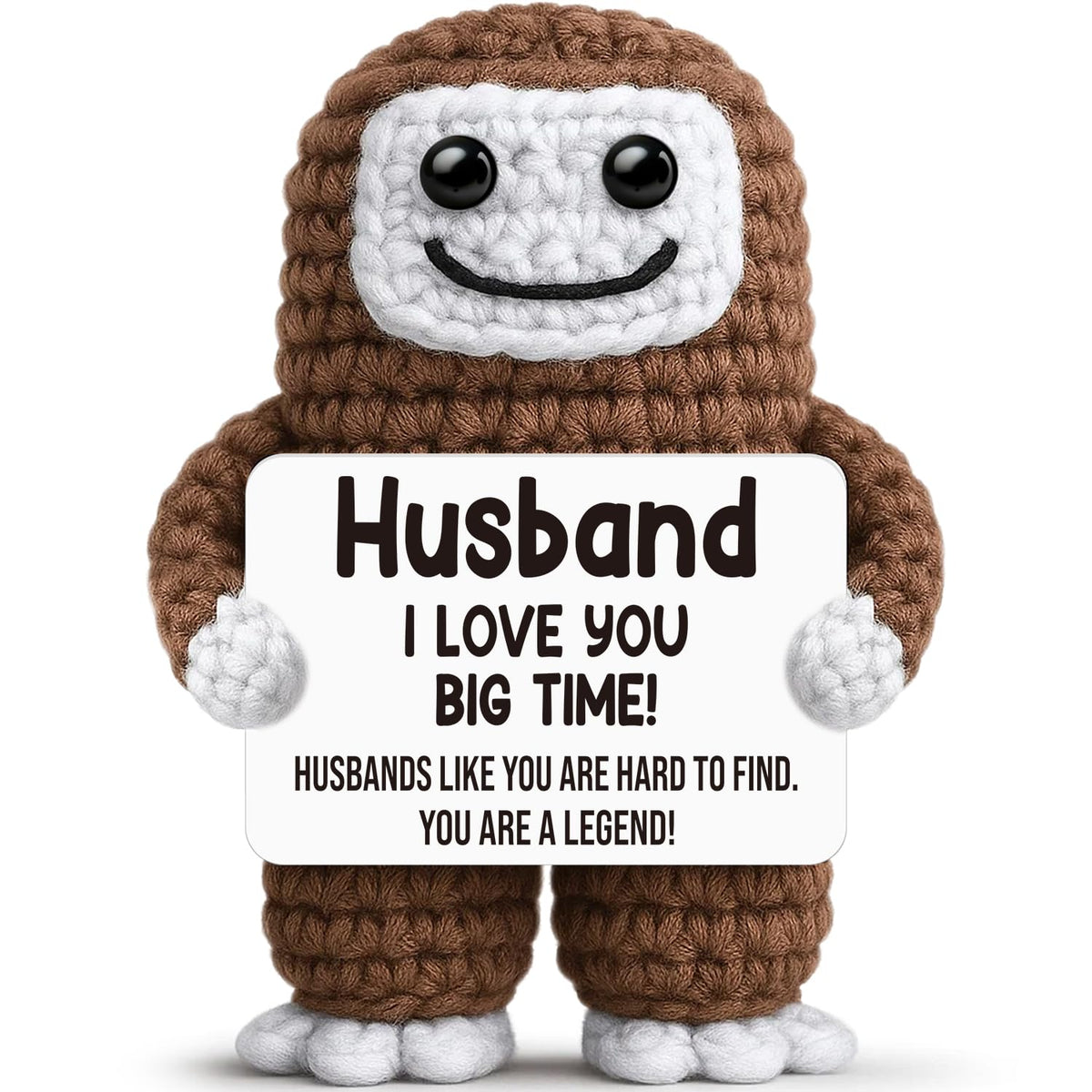 GwhyGifts BigFoot crochet gift for husbands sits on a desk for playful decor.