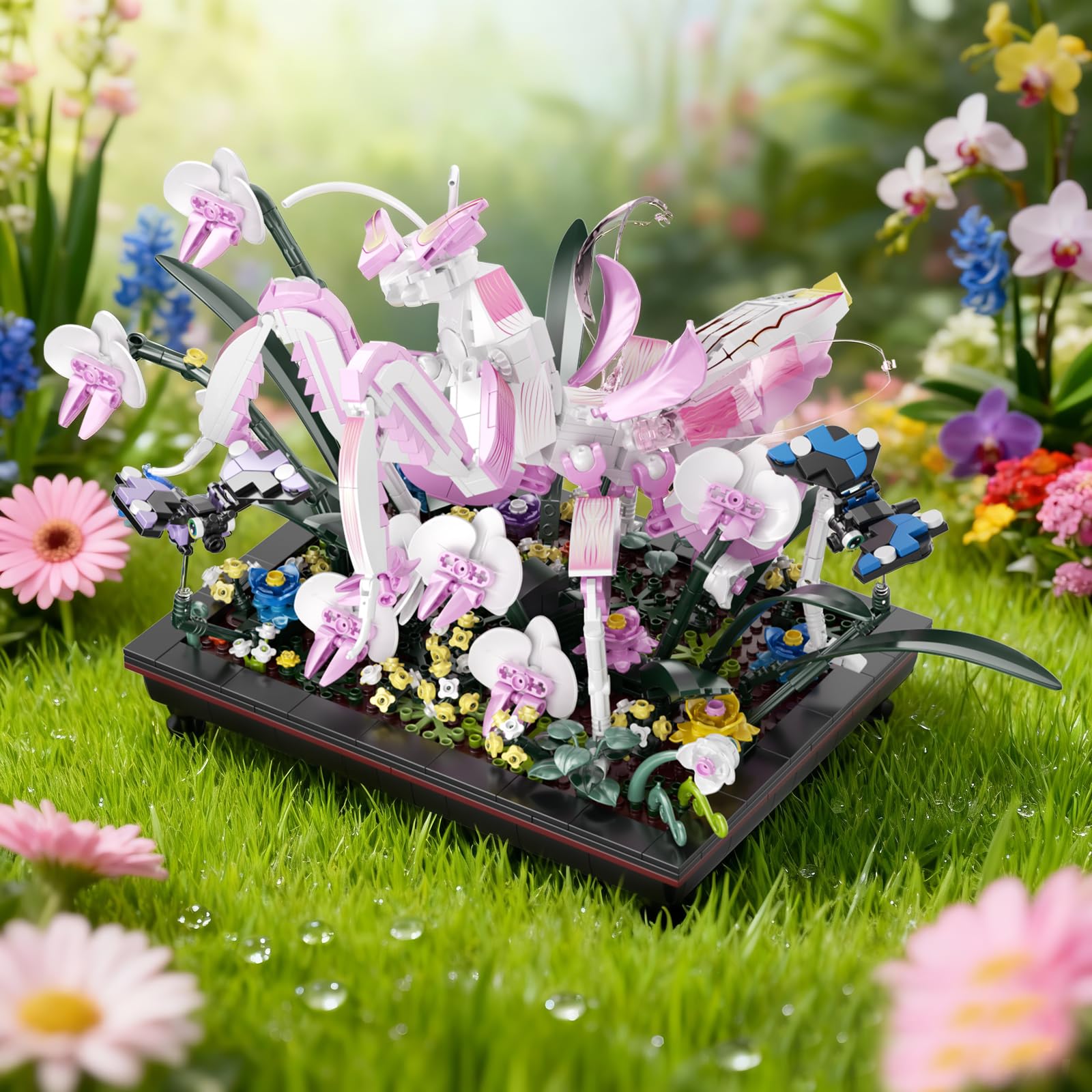GXJTYYBS Orchid mantis and butterflies detail on bonsai display