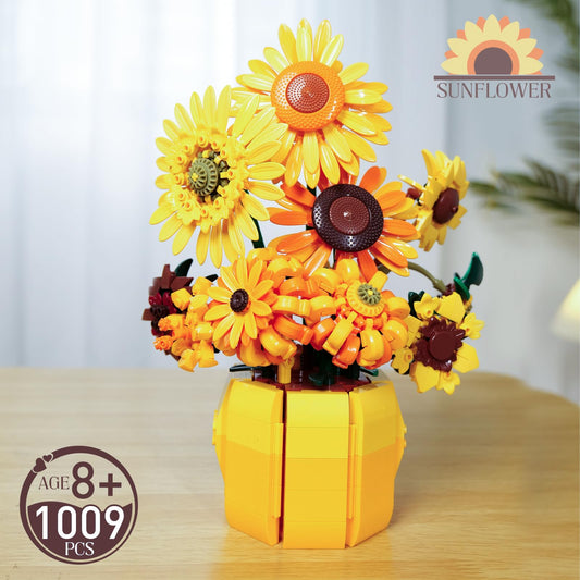 GXJTYYBS Sunflowers Building Bouquet assembly demo showing 1009+ bricks.