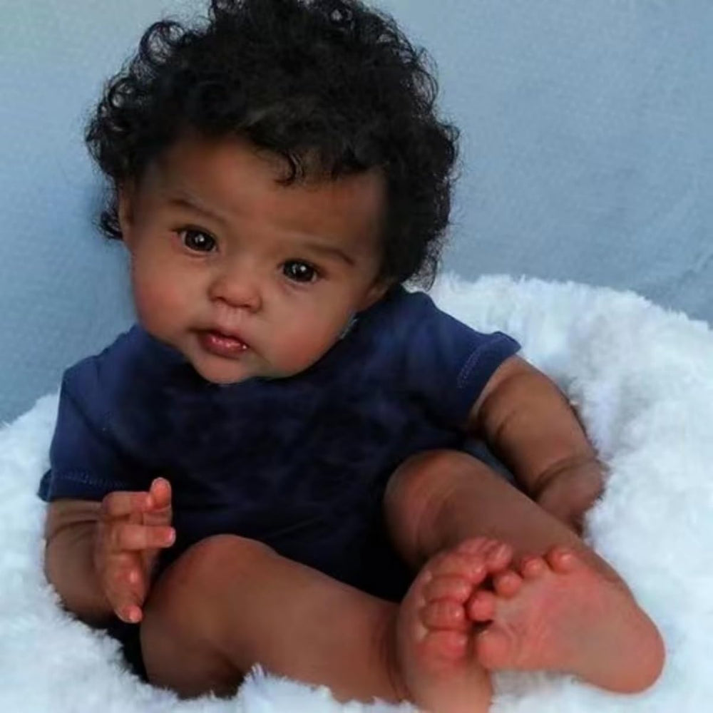 GYCV lifelike black reborn baby doll face close-up, expressive eyes for imaginative play.
