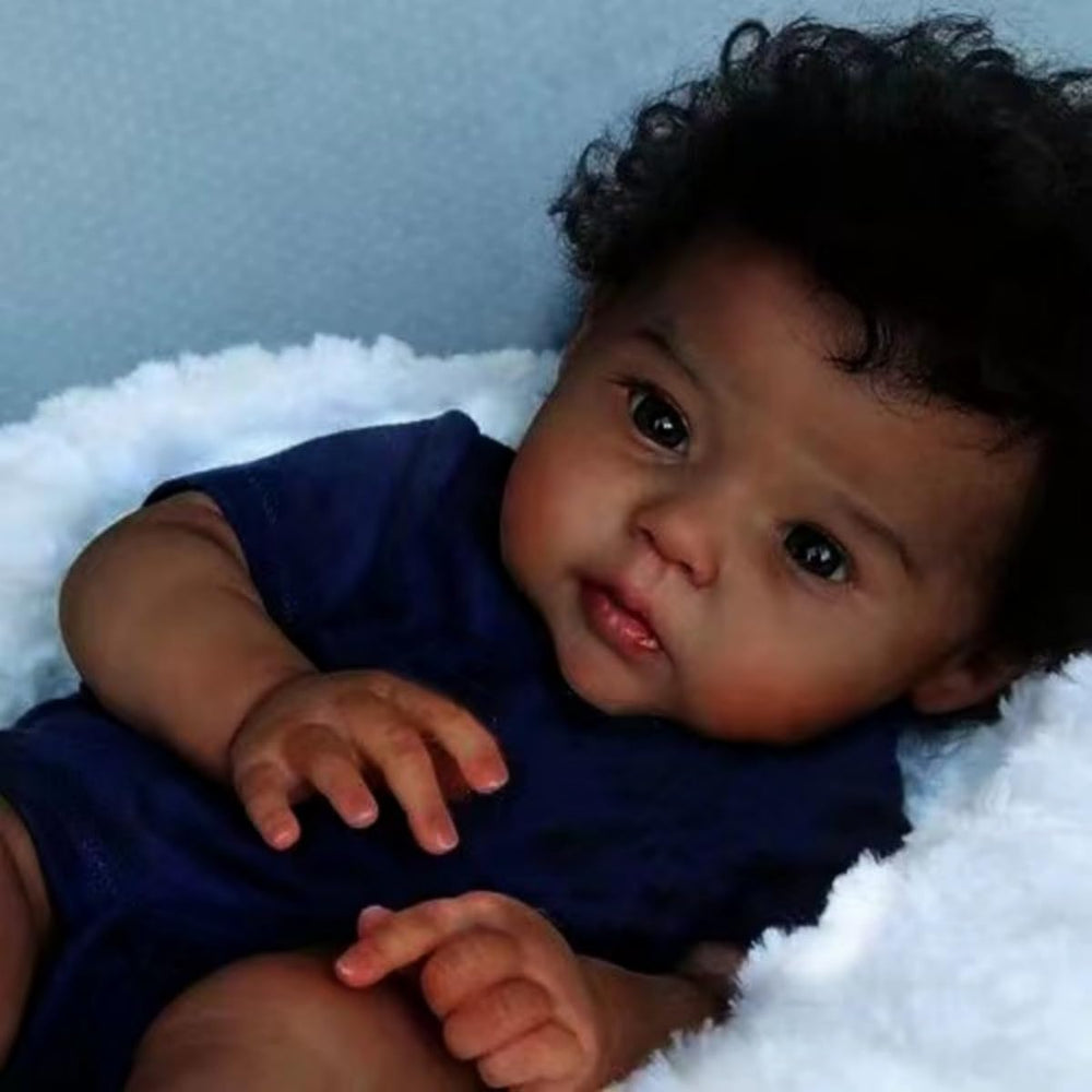 GYCV black reborn baby doll curly hair close-up, textured vinyl and realistic hair.