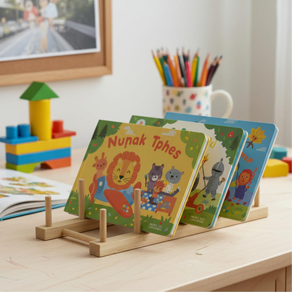 GYSLEOT puzzle rack filled-slots demonstrates organizing multiple puzzles and thin books.
