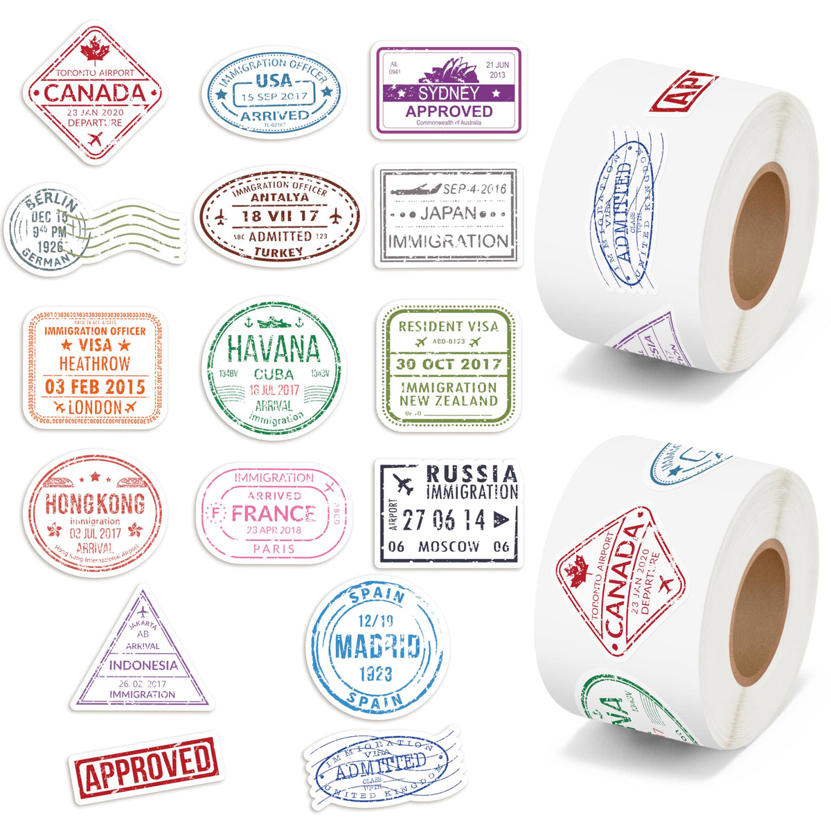 H1vojoxo Passport Stamps Roll Collection highlights vintage travel vibes for scrapbooks.