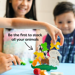 HABA Animal Upon Animal toucan stack promotes focus and fine motor skills