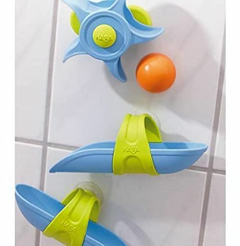 HABA ball track setup encourages experimentation and creativity during bath time