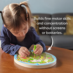 HABA Busy Board measures 9.5 inches in diameter for sturdy portable play.