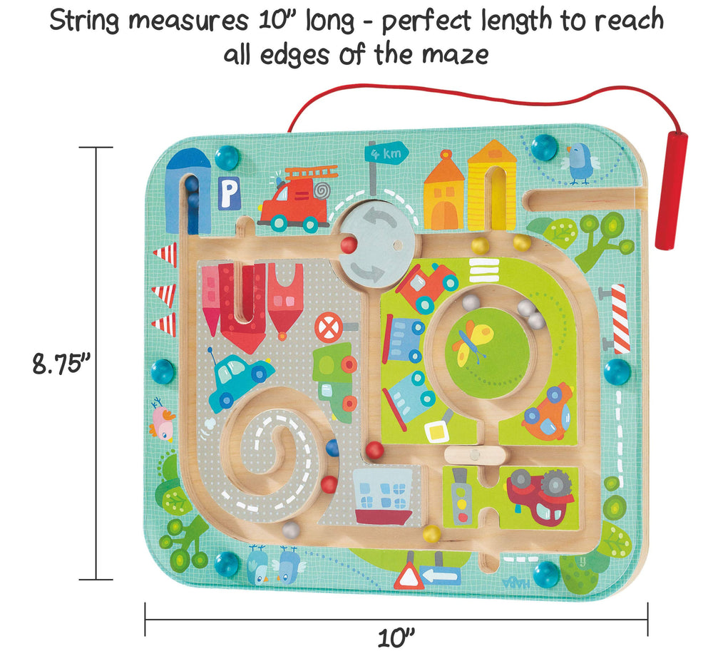 HABA Busy Board Town Maze in car use highlights quiet travel entertainment for toddlers.