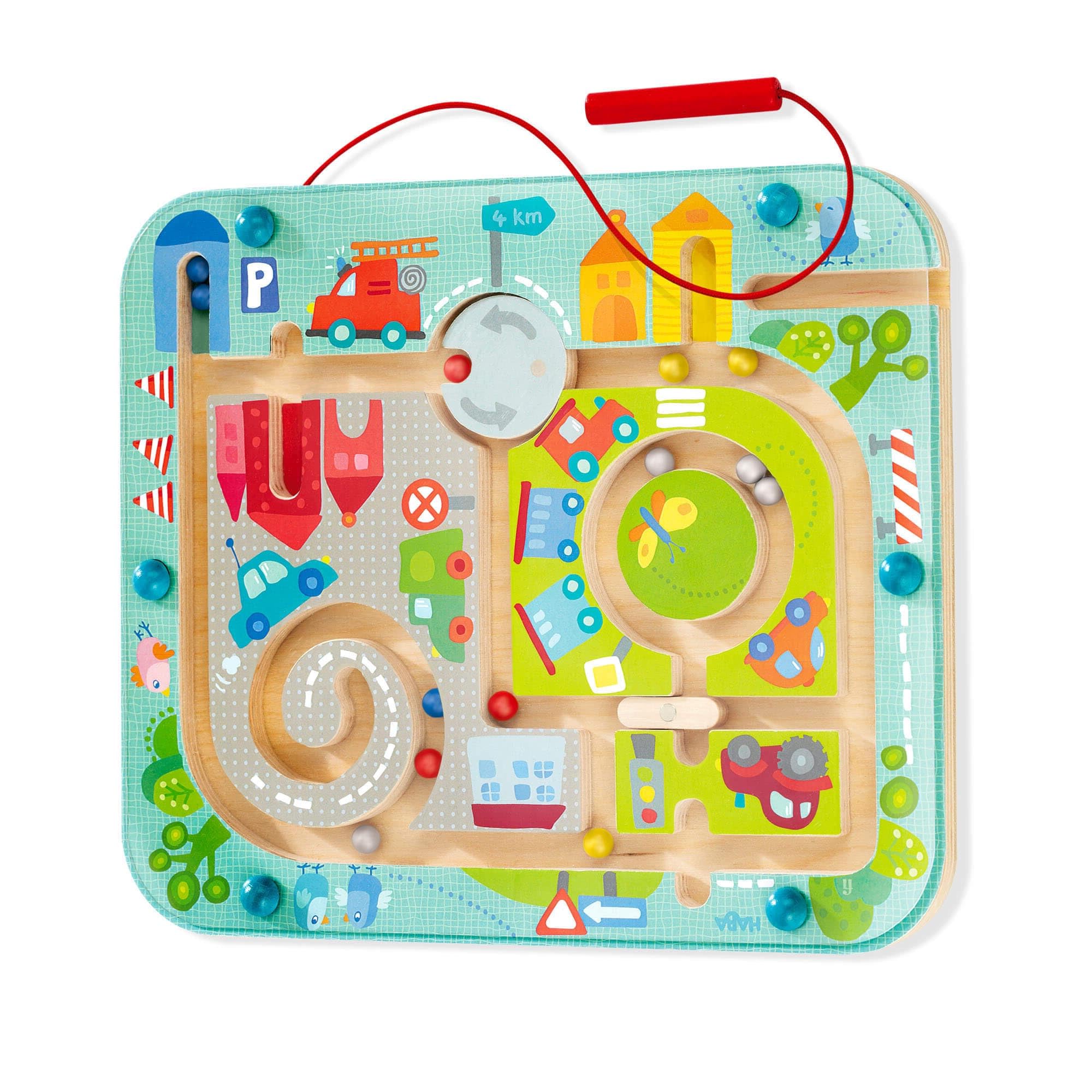HABA Busy Board Town Magnetic Maze close-up shows tactile magnets for screen-free play.