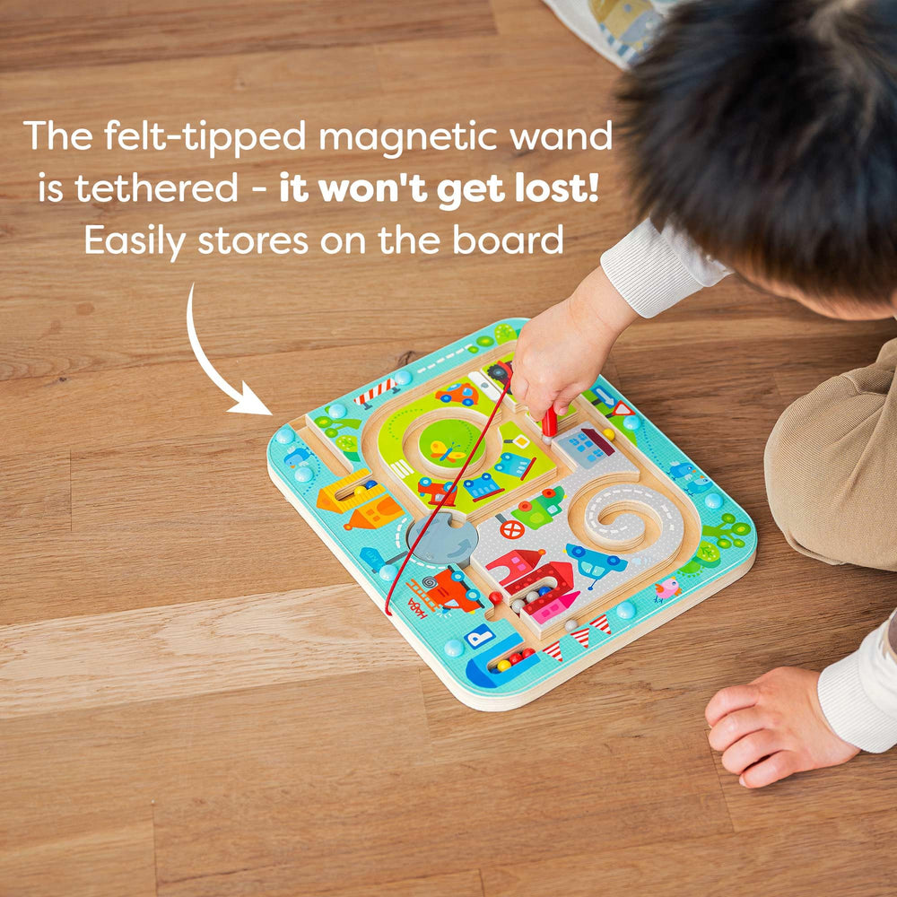 HABA Busy Board compact 10x8.75-inch design fits travel bags.