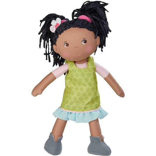 HABA Cari 12-inch black baby doll with pigtails, soft and cuddly for toddler play.
