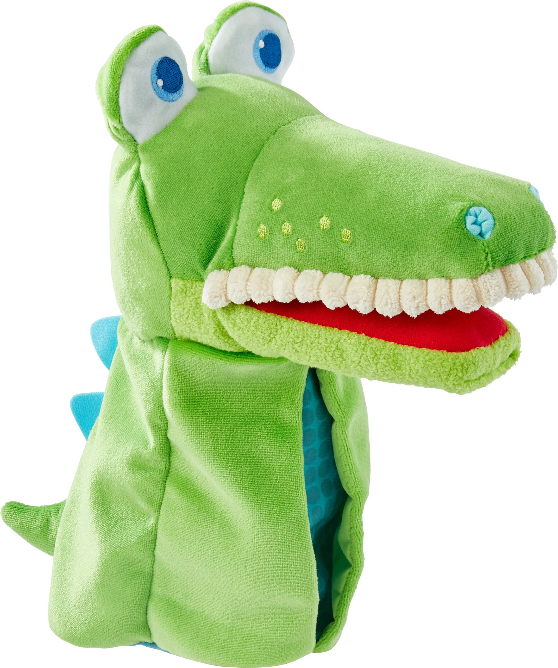 HABA Croco hand puppet with belly bag for imaginative storytelling and fine motor play.