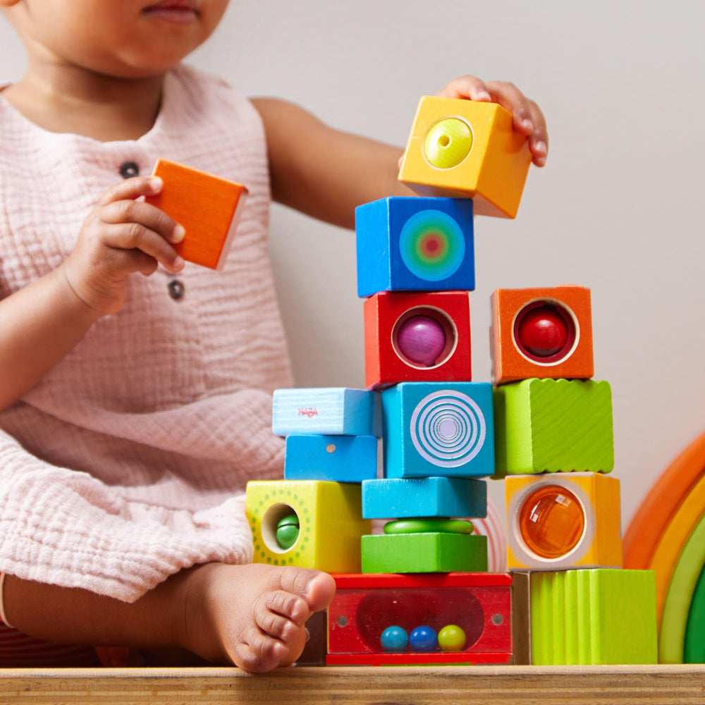 HABA discovery blocks wooden texture close-up showcases natural beech finish and craftsmanship.