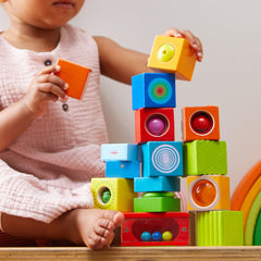 HABA discovery blocks wooden texture close-up showcases natural beech finish and craftsmanship.