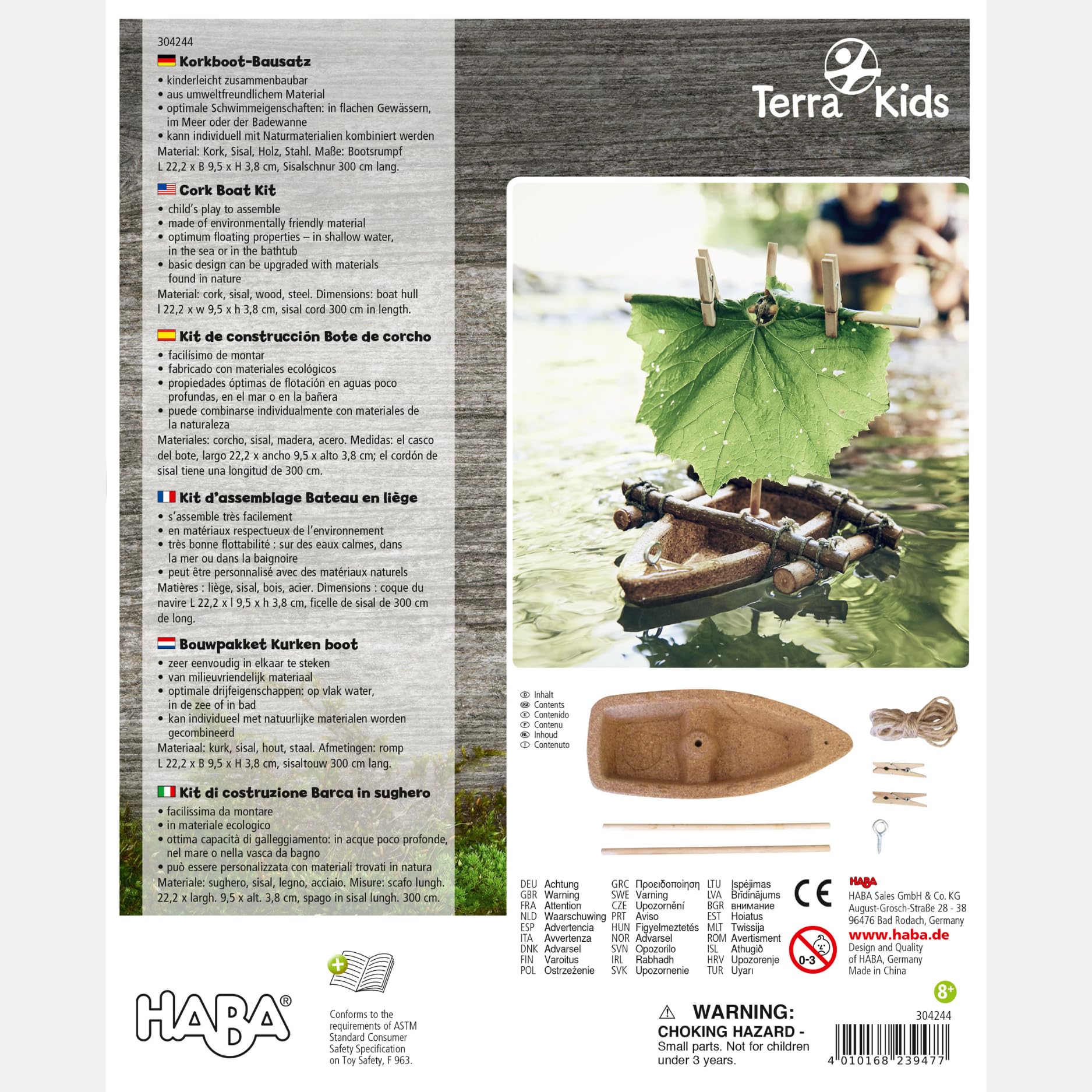 HABA cork boat in outdoor adventure setup highlighting sustainable design.