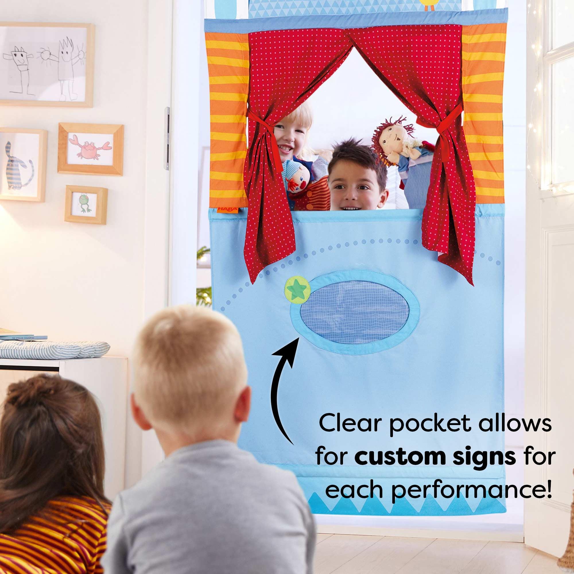 HABA doorway puppet theater measures 67 by 31 inches.