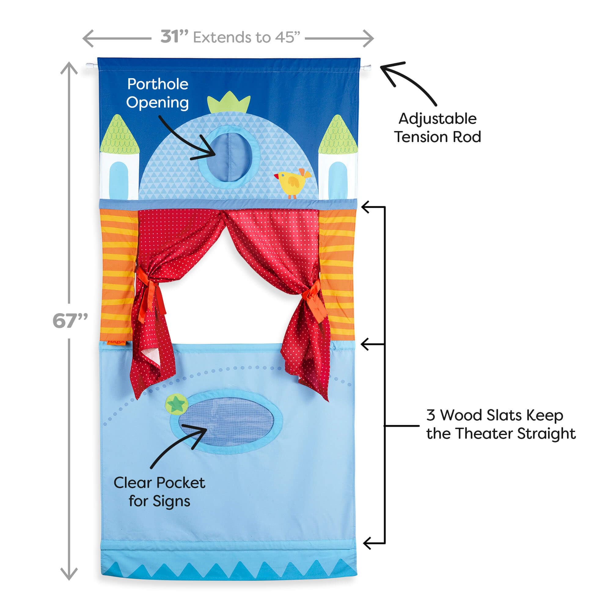 HABA doorway puppet theater with adjustable rod enabling tall frame extension.