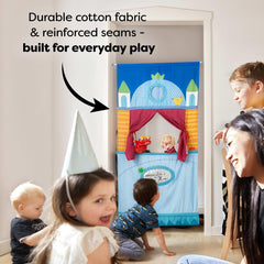 HABA doorway puppet theater pocket signage feature for custom scenes.